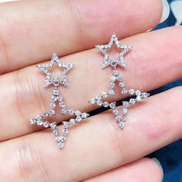 🎁 925 Silver Plated CZ Star Shaped Shiny Bridal Earring for Women, HA4542 - Picture 7 of 7